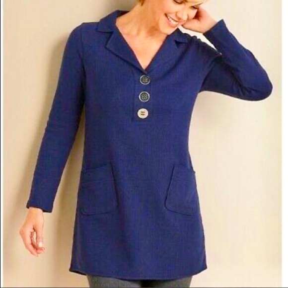 Soft Surroundings Dark Blue Waffle Knit Tunic Top/ Mini Dress Size Small Pockets - Picture 16 of 16